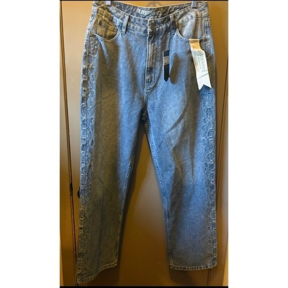 Y2K NWT Rubberband Stretch Embroidered Straight Leg Jeans Womens 30 11/12 Blue